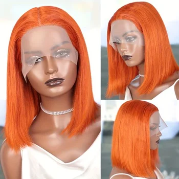 Имбирно-оранжевый Прямой парик Боб 13x6x1 Прозрачный Кружевной парик Имбирно-кружевные парики из человеческих волос спереди для женщин, парик из человеческих волос с подсветкой