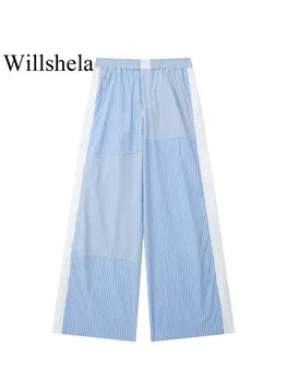 Willshela Женские модные полосатые широкие брюки с пуговицами сбоку Винтажные женские шикарные брюки с высокой эластичной талией