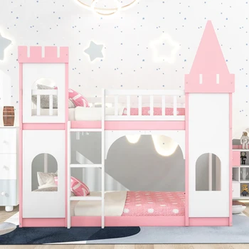 Двухместный замок Твин, двуспальная кровать с лестницей, односпальная кровать, двуспальная кровать, кровать для подростков, детская кровать, розовый, детская комната