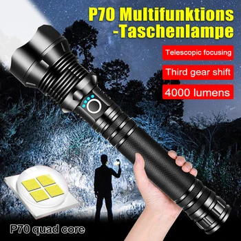Мощный 4000 Люмен Фонарик P70 LED Torch с Телескопической Фокусировкой, 3 Режима Питания Лампы от Батареи 2*26650 для Кемпинга, Пешего туризма