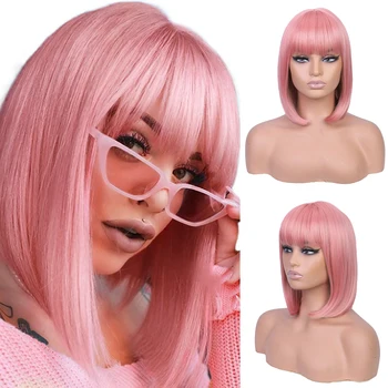 Розовый парик с челкой Прямые волосы Короткие парики Для женщин Синтетический парик Высококачественный парик Боб с челкой Красный Фиолетовый термостойкий