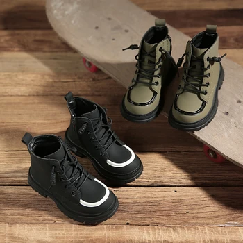 Детские ботинки, черные, серые, модные детские короткие ботинки на шнуровке, матовая противоскользящая обувь из искусственной кожи 26-37, унисекс для мальчиков и девочек