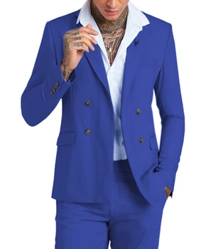 Многоцветный Блейзер Брюки Королевский синий Праздничная одежда Мужские костюмы Двубортный Свадебный Смокинг жениха Приталенный 2шт Куртка Брюки