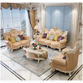Гостиная в европейском стиле, жемчужно-белый кожаный диван, комбинированная мебель из массива дерева, роспись золотом