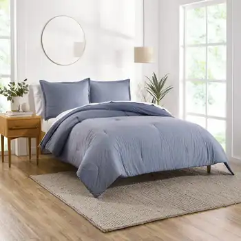 Комплект стеганого одеяла из органического хлопка, окрашенного пряжей, в полоску, двусторонний, темно-синий, 2 предмета