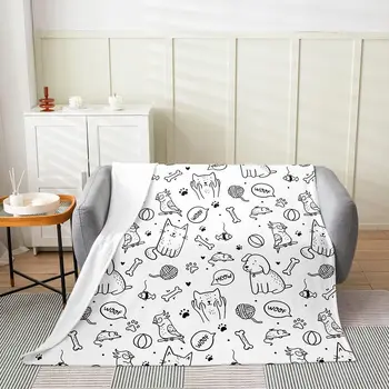 Фланелевое флисовое одеяло для собак и кошек, кровать с мультяшными костями в виде милых лап домашних животных, супер Мягкое одеяло для детей-подростков, черный, белый