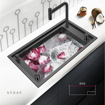 ASRAS, ступенчатая черная раковина с утолщением 4 мм, нержавеющая сталь nano 304, кухонная ручная раковина с одним желобом, раковина для мытья овощей.