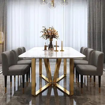 Обеденный стол из роскошного мрамора в саду, Минималистичный дизайн основания из золотой нержавеющей стали, Прямоугольный стол, кухонная мебель Coffee Mesa