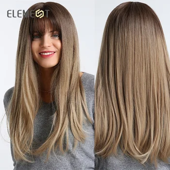 Element Длинные светло-каштановые синтетические парики с прямой челкой у темных корней, Термостойкий парик для косплея на каждый день для женщин