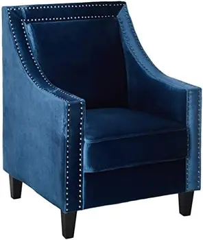 Кресло Accent Club с бархатной обивкой, поворотный подлокотник, отделка серебристыми гвоздями, деревянные ножки с отделкой эспрессо, современный, темно-синий цвет