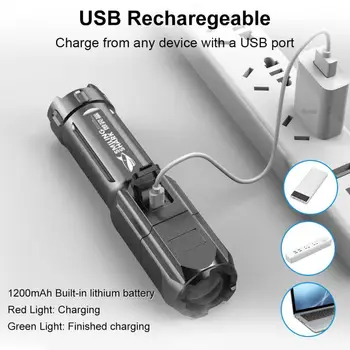Фонарик с сильным светом, многофункциональный светодиодный фонарик с бликами, зум-фонарик, USB-зарядка, портативная лампа для кемпинга на открытом воздухе