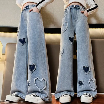 Весенне-осенние джинсы для девочек, джинсовые широкие брюки Love Heart, одежда для девочек-подростков в корейском стиле, детская верхняя одежда