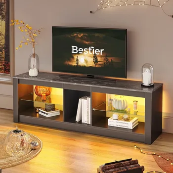 Развлекательный центр, игровая светодиодная подставка для телевизора с диагональю 55+ дюймов, Регулируемые стеклянные полки 22, черный мрамор