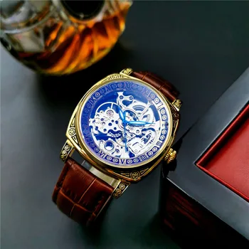 Модные Золотые Автоматические Часы, Мужские Роскошные Брендовые Механические Часы с Выдалбливаемым Дизайном, Водонепроницаемые Кожаные Часы Reloj Hombre 2023
