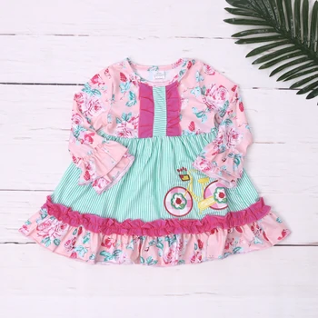 Осенне-зимнее платье для девочек от 1 до 8 лет, розово-зеленая юбка с круглым вырезом в цветочек и мультяшной вышивкой на велосипеде, детская одежда