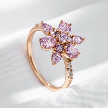 Wbmqda, Роскошное кольцо из розового хрусталя, натуральное ювелирное изделие для женщин, Розовое золото 585 пробы, Модные романтические аксессуары с цирконием, Тренды 2023 года.
