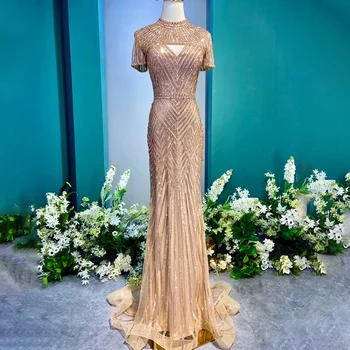 Новая мода 2023, Вечернее платье с короткими рукавами, расшитое золотым бисером, Русалка, воротник с драгоценными камнями, Вечерние Длинные платья для выпускного вечера, Vestidos De Fiesta