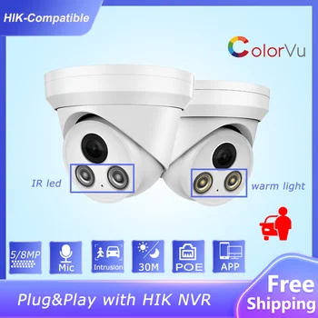 Совместимая с Hikvision 5-Мегапиксельная 8-Мегапиксельная Купольная IP-камера ColorVu IR Со Встроенным МИКРОФОНОМ Plug & play с Камерой видеонаблюдения HIK NVR P2P View