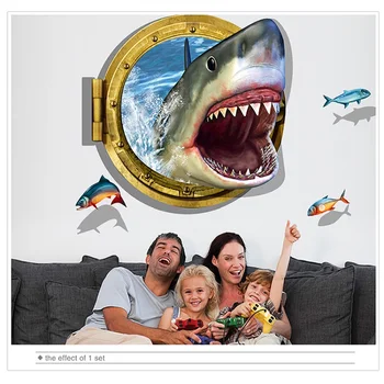 Свирепая Акула 3D Наклейка на стену ПВХ Материал DIY Современное украшение Настенное искусство для детей Декоративная наклейка