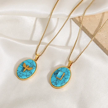 Винтажные Овальные Сине-Бирюзовые Ожерелья с подвесками из натурального камня, ожерелья и кулоны на ключицах для женщин, роскошные ювелирные изделия