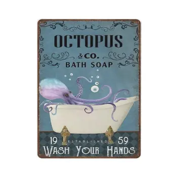 Металлическая жестяная вывеска в стиле ретро с осьминогом-Оловянная вывеска с мылом для ванны Octopus Co, мойте руки-Новинки плакатов, домашнего декора, настенного искусства, забавных вывесок для