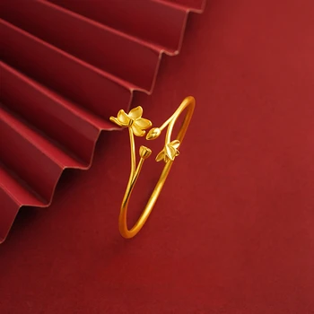 24K Позолоченный Браслет-Манжета в виде Лотоса для Женщин, Регулируемый Браслет С Цветком Удачи, Китайский Счастливый Ювелирный Подарок