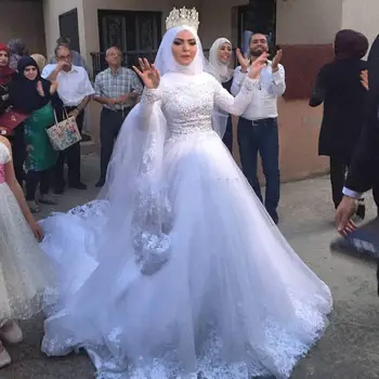 Мусульманское скромное платье с высоким воротом и пышными рукавами, сшитое на заказ, пышное тюлевое бальное платье, кружевное свадебное платье в арабском стиле
