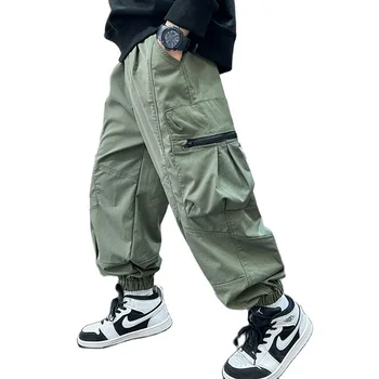 Брюки-карго для мальчиков, однотонные брюки, повседневный стиль для мальчиков, детские брюки, весенне-осенняя одежда для мальчиков