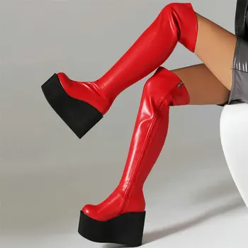 Черные, белые, красные, розовые туфли-лодочки на танкетке, женские сапоги выше колена на высоком каблуке, женские модные кроссовки с круглым носком, Повседневная обувь