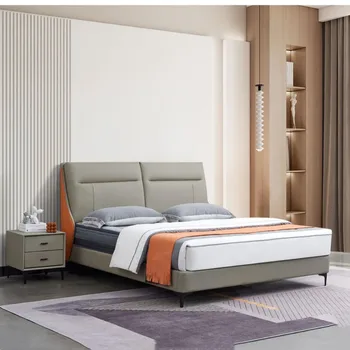 Итальянская минималистская кожаная кровать с двуспальной кроватью в современном строгом стиле в главной спальне