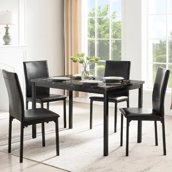 Столовый набор Mainstays из 5 предметов, столешница из искусственного мрамора и 4 стула из искусственной кожи коричневого и черного цветов, Набор из 5 предметов, включает 1 стол и 4