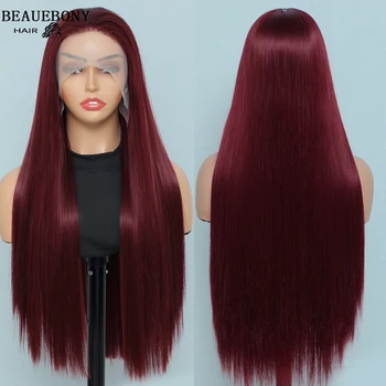 Прямой парик, синтетический Бесклеевой парик, Натуральные волосы, Прозрачные кружевные парики Для женщин, Синтетический парик 13x1, высококачественный Бордово-красный