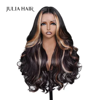 Julia Hair 13x4 Кружевное Переднее Черно-Фиолетовое Омбре Со Светлыми Бликами, Свободный Волнистый Парик, Предварительно Выщипанный Парик Из Человеческих Волос С Волосами Младенца