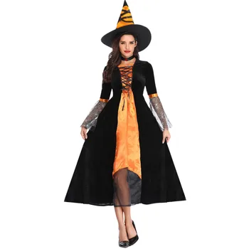 Женский забавный оранжевый костюм ведьмы на Хэллоуин, косплей, костюм Волшебника, демона, вампира, платье ведьмы, костюм